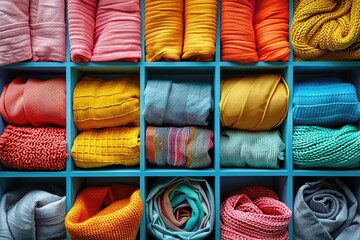 Folded clothes in a drawer with dividers, pastel colors, top-down angle, vibrant color