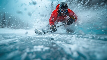 Ice hockey game underwater, unique perspective, puck in motion, cool tones, vivid display, sci-fi tone