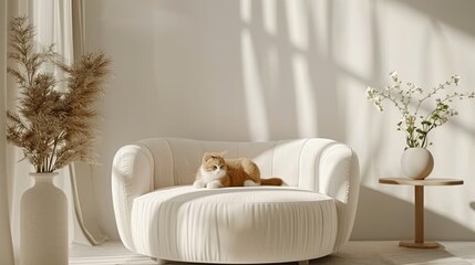Domestic ginger cat lounging on white couch in a bright living room with potted plants
