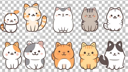 A set of cute cartoon cats in various poses. The cats are all different colors and have different expressions on their faces.