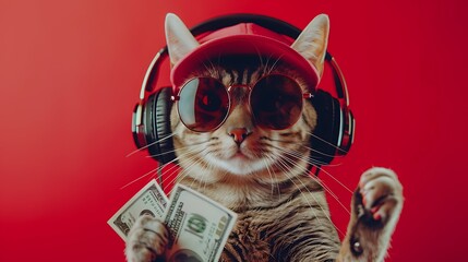 A cool cat wearing sunglasses and headphones is holding money. The cat is sitting in front of a red background and looking at the camera.
