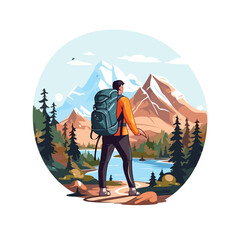 Man with backpack hiking activity image flat vector