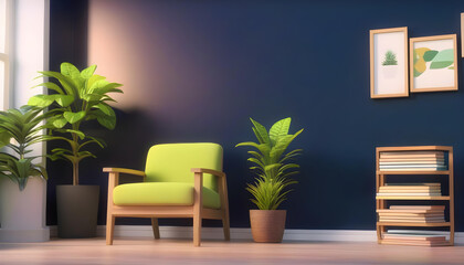 A close-up of a two green plants with green sofa and a dark navy blue wall