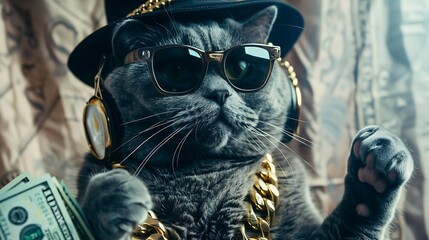 A cool cat wearing sunglasses and a hat, with a gold chain around its neck and headphones on its ears.