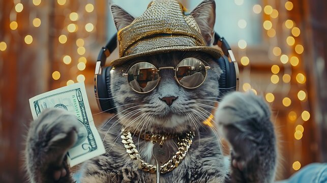 A cool cat wearing sunglasses and a gold hat is holding a wad of money. The cat is sitting in front of a blurred background of city lights.