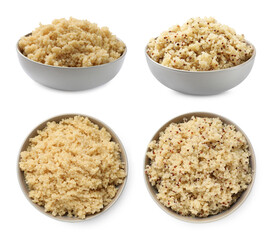 Tasty quinoa porridge in bowls isolated on white, top and side views
