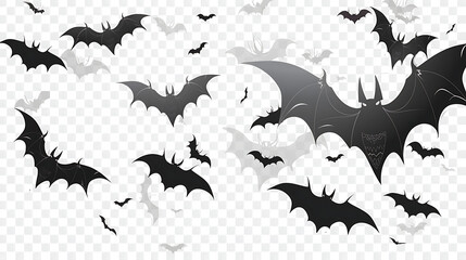 A group of black bats are flying in a transparent background.