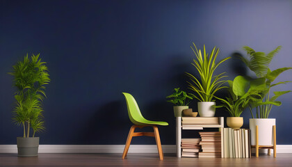 A close-up of two green plants next to a navy blue wall and a green sofa