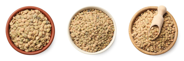 Raw lentils in bowls on white background, top view