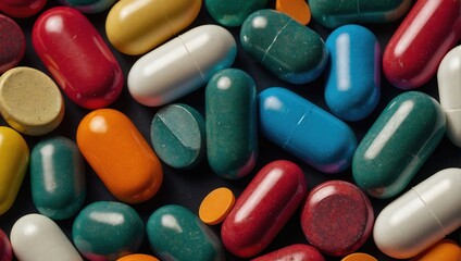  A variety of colorful pills and capsules displayed neatly, representing medicine and healthcare - obrazy, fototapety, plakaty