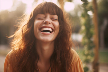 portrait of laughing young woman outdoors - obrazy, fototapety, plakaty