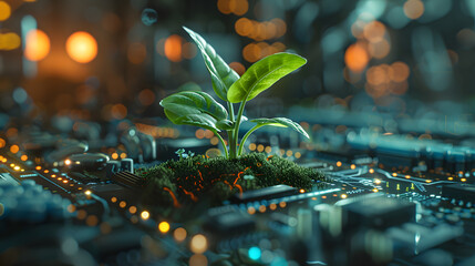 A small terrestrial plant is emerging from a motherboard, blending technology with nature in the urban landscape of the city
