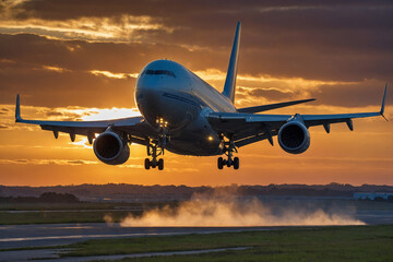 Airplane take off from the airport runway with sunset sky background.