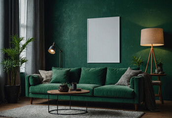frame and poster mockup in modern green living room interior.