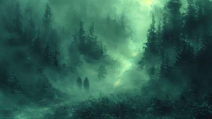 Mysterious Fog Forest: Android Explorers' Quest - obrazy, fototapety, plakaty