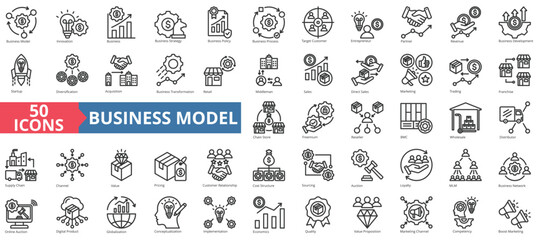 Business model icon collection set. Containing innovation, target customer, strategy, policy, process icon. Simple line vector. - obrazy, fototapety, plakaty