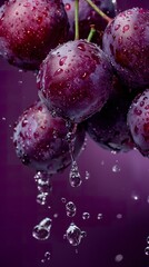 A bunch of ripe plums with dew and water drops in the air. Fresh, juicy plums with shiny skins reflect water droplets. Ripe plums in the fullness of nature.
