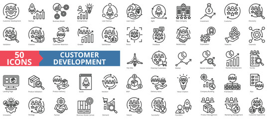 Customer development icon collection set. Containing startup, business model, entrepreneur, startup, cycle, agile, new company icon. Simple line vector.