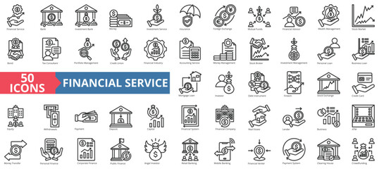Financial service icon collection set. Containing bank, advisor, money, wealth management, insurance, foreign exchange, mutual funds icon. Simple line vector. - obrazy, fototapety, plakaty