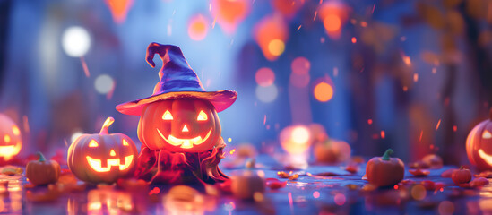 A witch is standing in front of a bunch of pumpkins, Halloween party concept