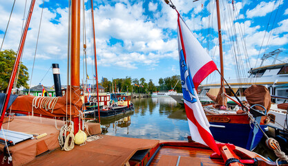 Typical harbor scene in Leer,East Frisia,Lower Saxony,Germany