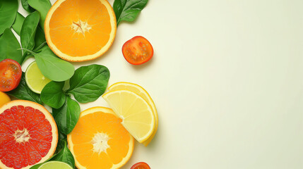 A close up of a variety of fruits including oranges, lemons, and tomatoes - obrazy, fototapety, plakaty