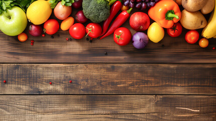 A wooden table with a variety of fruits and vegetables on it - obrazy, fototapety, plakaty