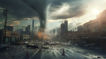 A city is destroyed by a tornado, with debris and rubble everywhere - obrazy, fototapety, plakaty