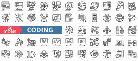 Coding icon collection set. Containing computer programming, line, theory, channel, legal, medical, transform icon. Simple line vector.