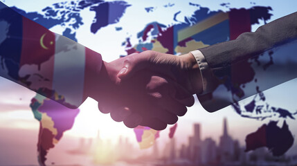 Two people shaking hands in front of a world map, trade cooperation, free trade zone concept - obrazy, fototapety, plakaty