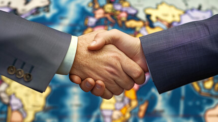 Two men shaking hands in front of a map of the world, trade cooperation, free trade zone concept - obrazy, fototapety, plakaty
