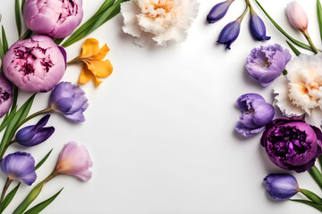 Spring flowers frame border, purple irises, pink peonies on white background for wedding...