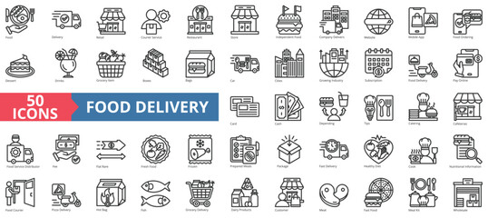 Food Delivery icon collection set. Containing retail, courier service, restaurant, store, independent, company, website icon. Simple line vector.