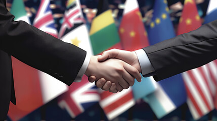 Two men shaking hands in front of flags of many countries, trade cooperation, free trade zone concept - obrazy, fototapety, plakaty