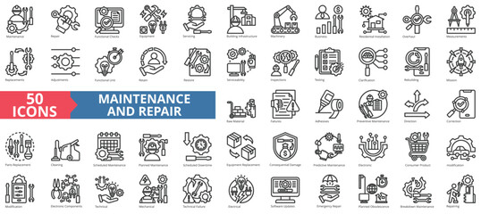 Maintenance and repair icon collection set. Containing functional checks, equipment, servicing, building infrastructure, machinery, business, residential installation icon. Simple line vector. - obrazy, fototapety, plakaty