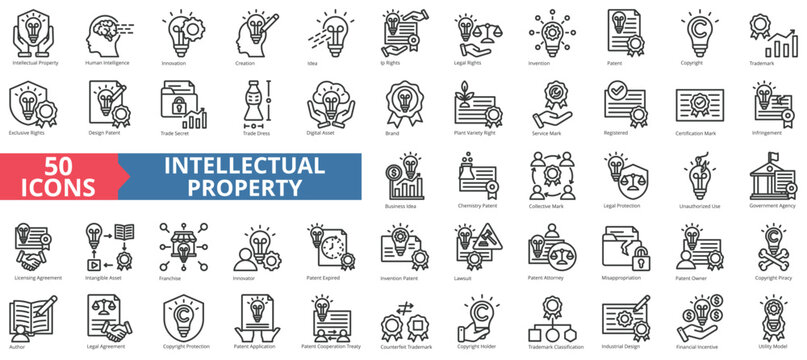 Intellectual property icon collection set. Containing human intelligence, innovation, creation, idea, ip, legal, invention icon. Simple line vector.