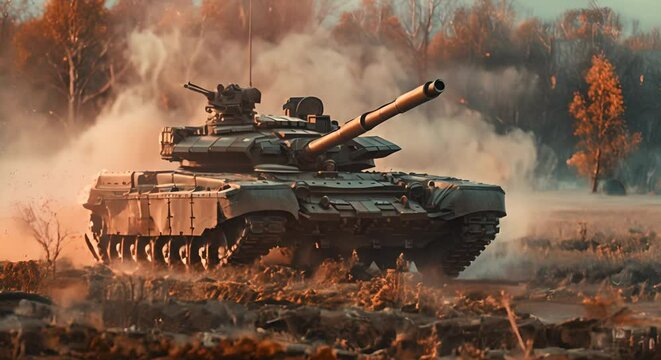 Tank overtaking in a field exercise, dynamic motion effect with rear curtain sync, editorial