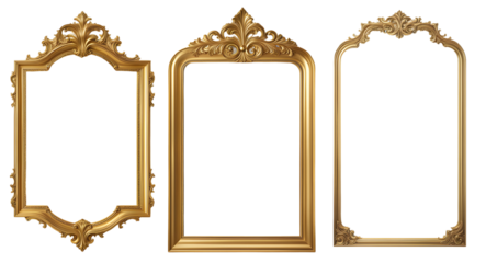 Conjunto de molduras vintages dourada em formato quadrado e retangular ,moldura de espelho retro, porta retrato isolado em fundo transparente