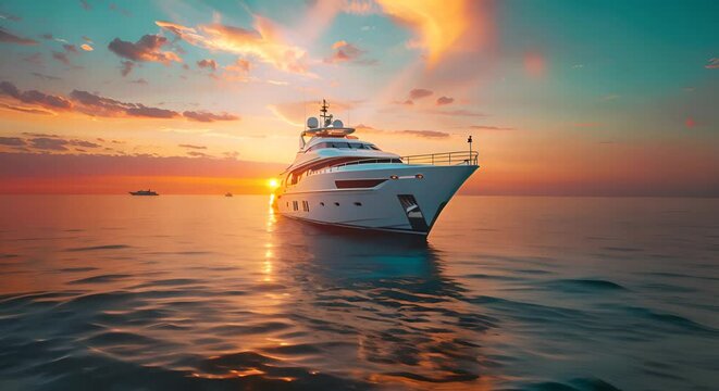 Luxurious yacht sailing in the open ocean at sunset
