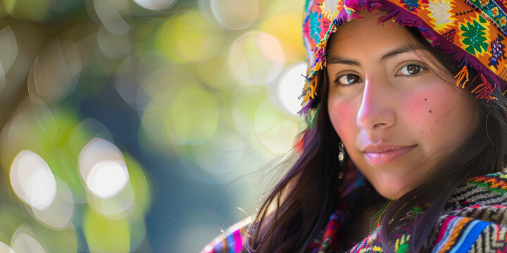 portrait of a beautiful young woman in traditional Peruvian with colorful patterns and tassels, generative AI