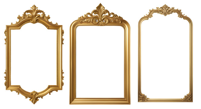 Conjunto de molduras vintages dourada em formato quadrado e retangular ,moldura de espelho retro, porta retrato isolado em fundo transparente