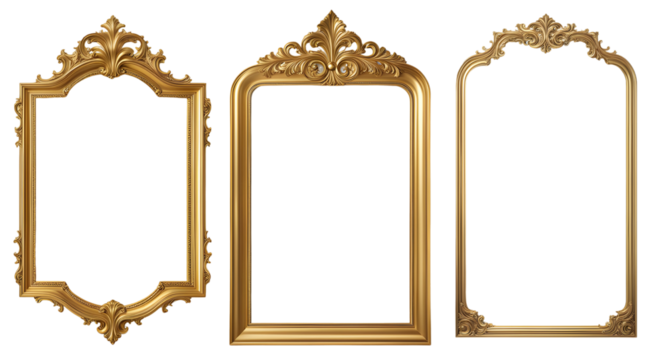 Conjunto de molduras vintages dourada em formato quadrado e retangular ,moldura de espelho retro, porta retrato isolado em fundo transparente
