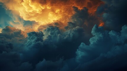 The contrast of a picturesque sunset against the backdrop of chaotic storm clouds serves as a stark reminder of the unpredictable and destructive force of storm surges. - obrazy, fototapety, plakaty