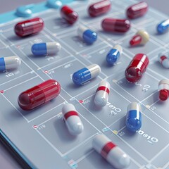 A 3D representation of pills arranged in a calendar format emphasizing medication schedules and adherence - obrazy, fototapety, plakaty