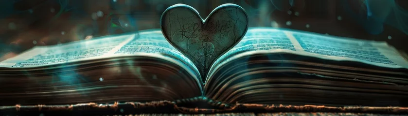 Foto op Aluminium A background featuring an old open book with the pages naturally forming a heart shape in the center © AI Farm