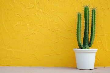 A bright green cactus in a white ceramic pot against a pastel yellow wall