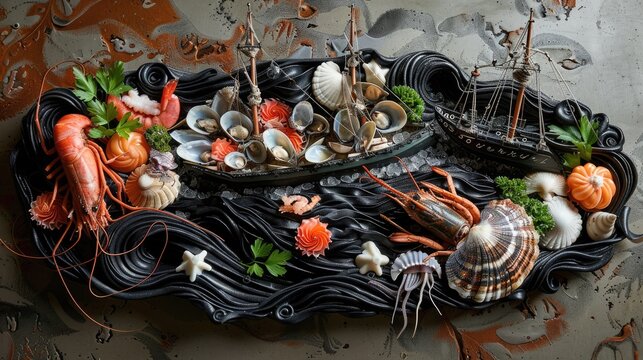 A seafood platter arranged to depict a sea battle with squid ink pasta seas and shellfish ships