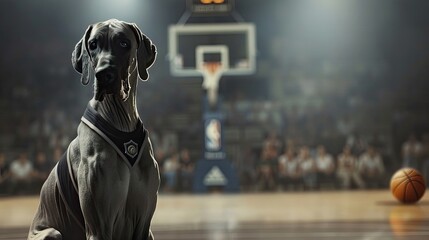 A Great Dane as a basketball player with a jersey and basketball - obrazy, fototapety, plakaty