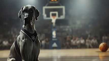 Deurstickers A Great Dane as a basketball player with a jersey and basketball © AI Farm