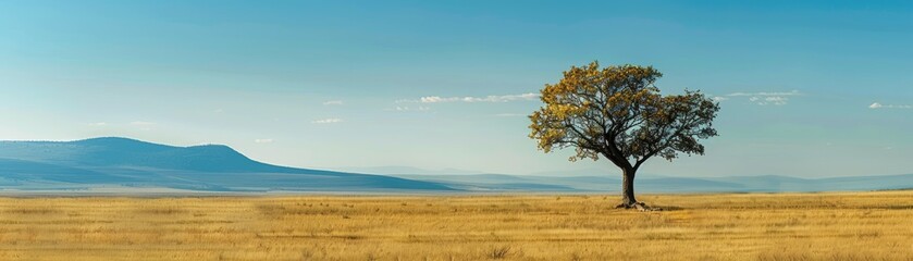 Fototapeta na wymiar A lone tree standing resilient in a vast open landscape
